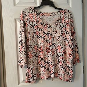 Kim Rogers 3/4 length shirt with white, brown and coral colors.